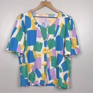 Bobo Choses loose weave abstract multicolor half sleeve button shirt, large.